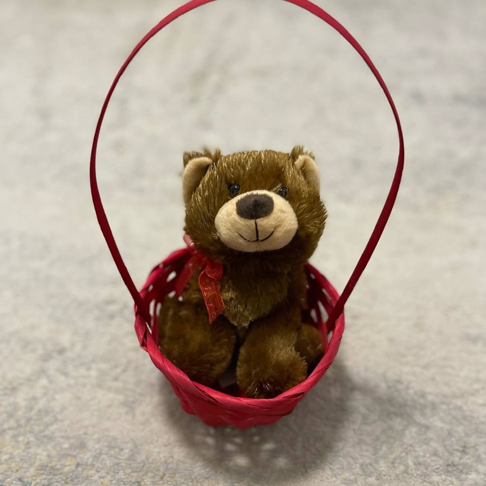 Like New Holiday Gift Super Cute Furry Bear In The Basket Brown & Red 6”X 5”